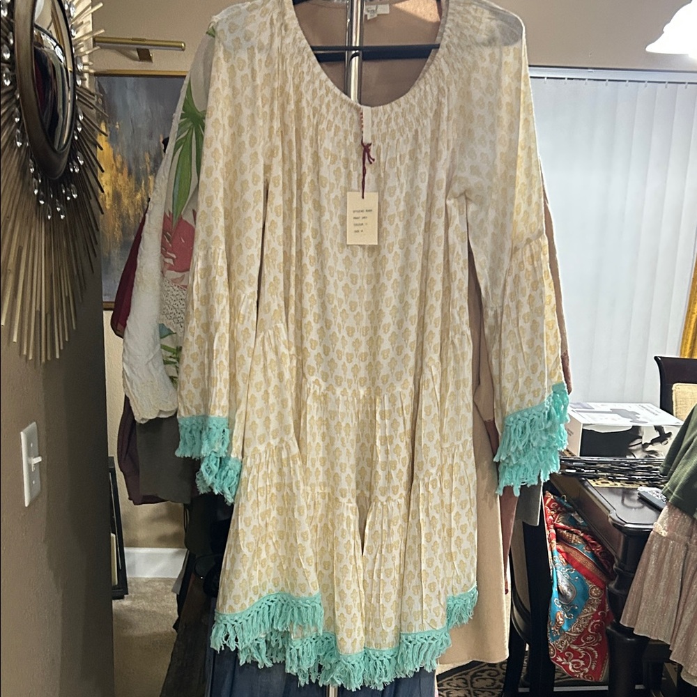 RAGA Cream and Aqua Long Sleeve Dress